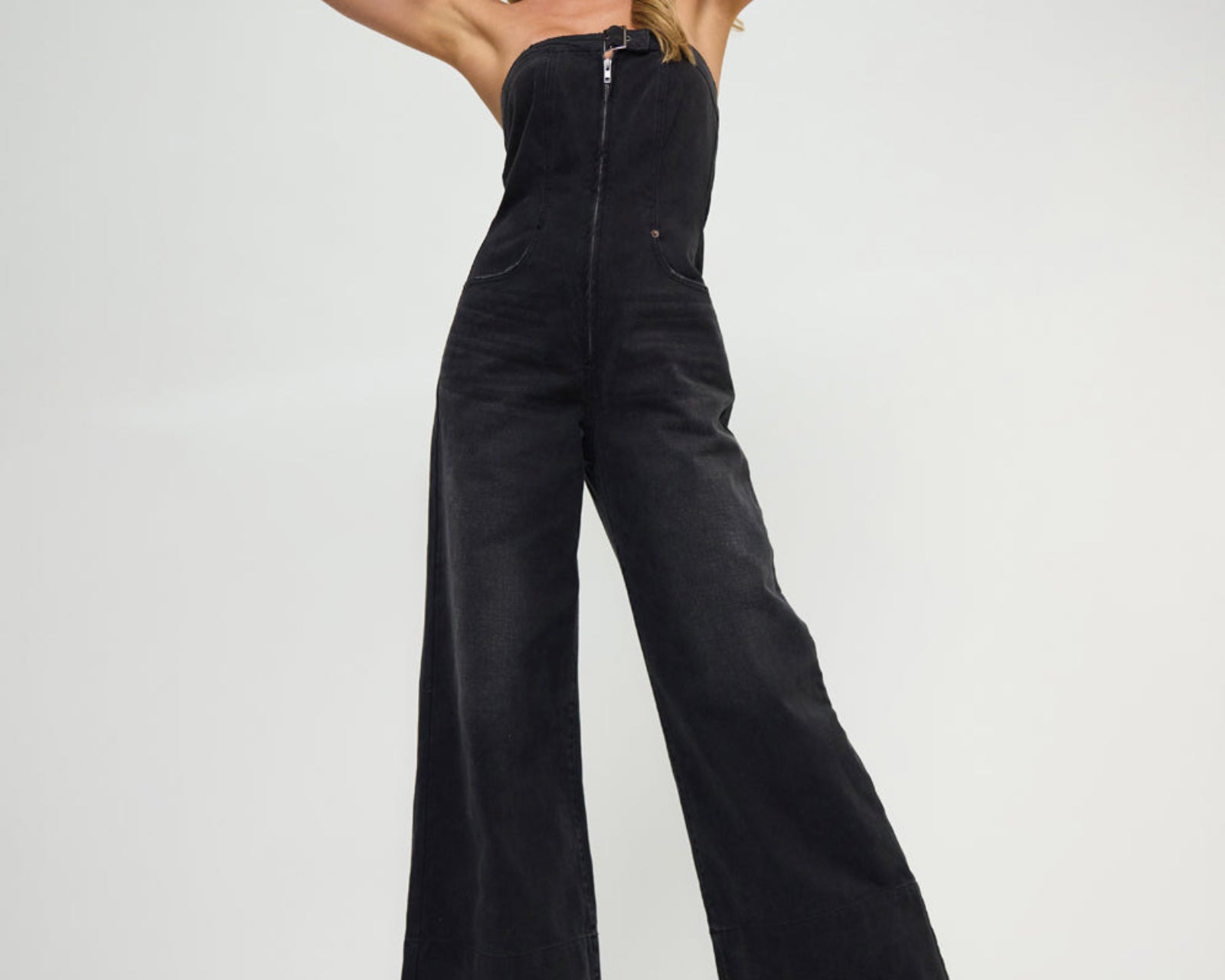 Dark Angel Strapless Wide Leg Denim Jumpsuit - Smokey Black