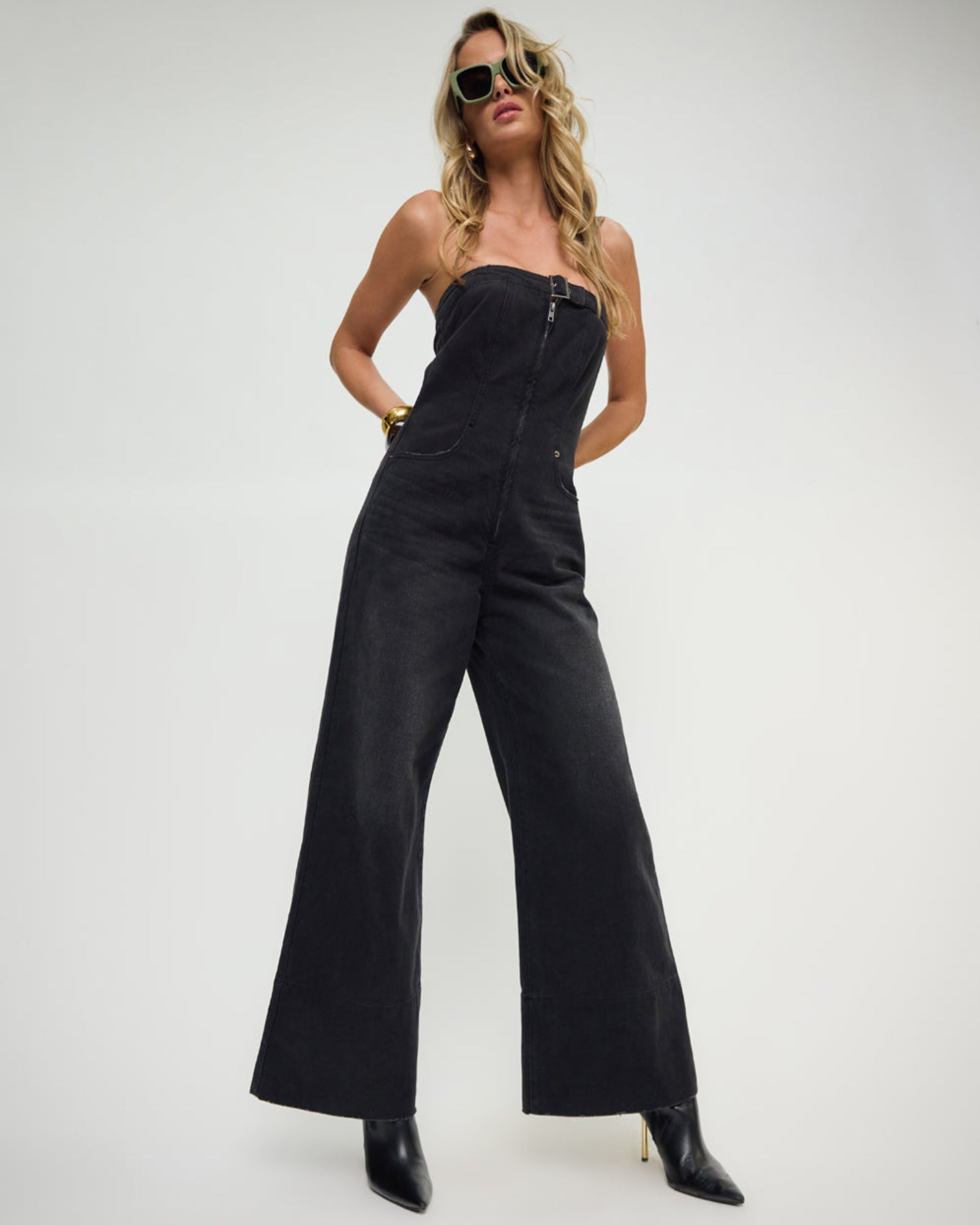 Dark Angel Strapless Wide Leg Denim Jumpsuit - Smokey Black | One