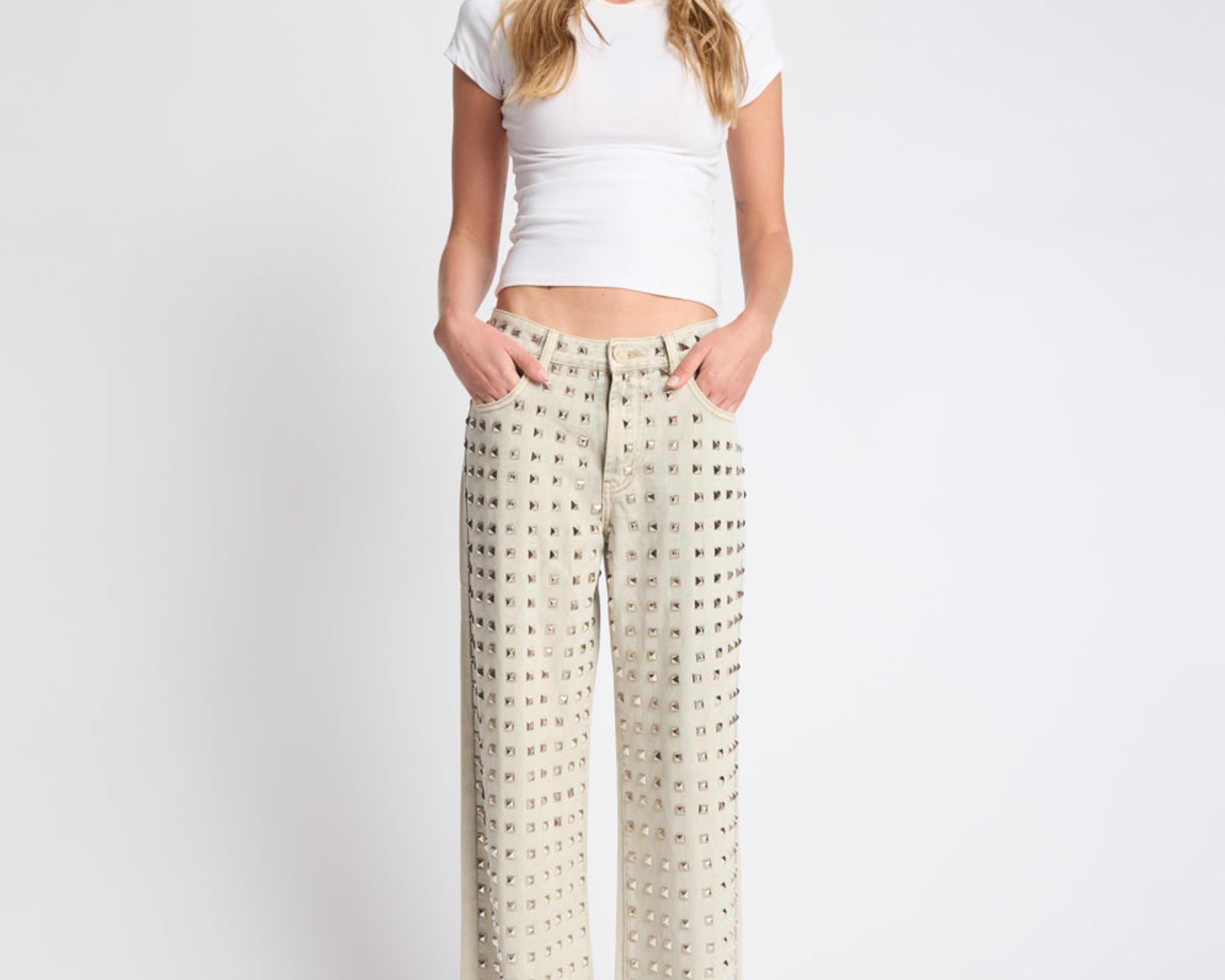 Jackson Mid Waist Wide Leg Studded Denim Jeans - Antique Khaki