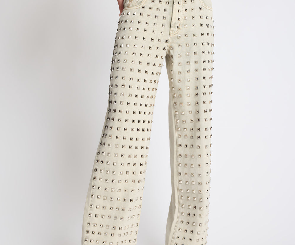 Jackson Mid Waist Wide Leg Studded Denim Jeans - Antique Khaki
