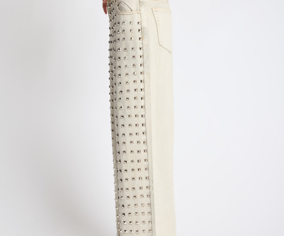 Jackson Mid Waist Wide Leg Studded Denim Jeans - Antique Khaki