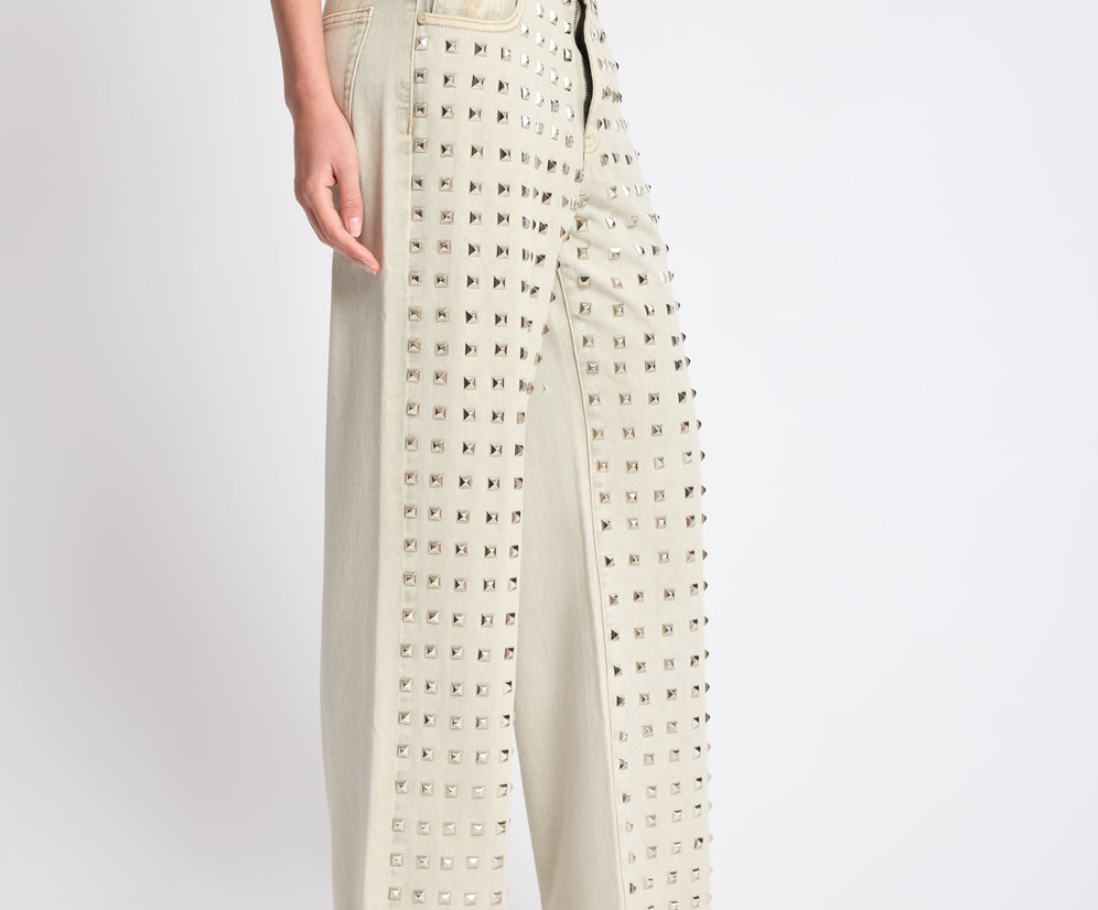 Jackson Mid Waist Wide Leg Studded Denim Jeans - Antique Khaki