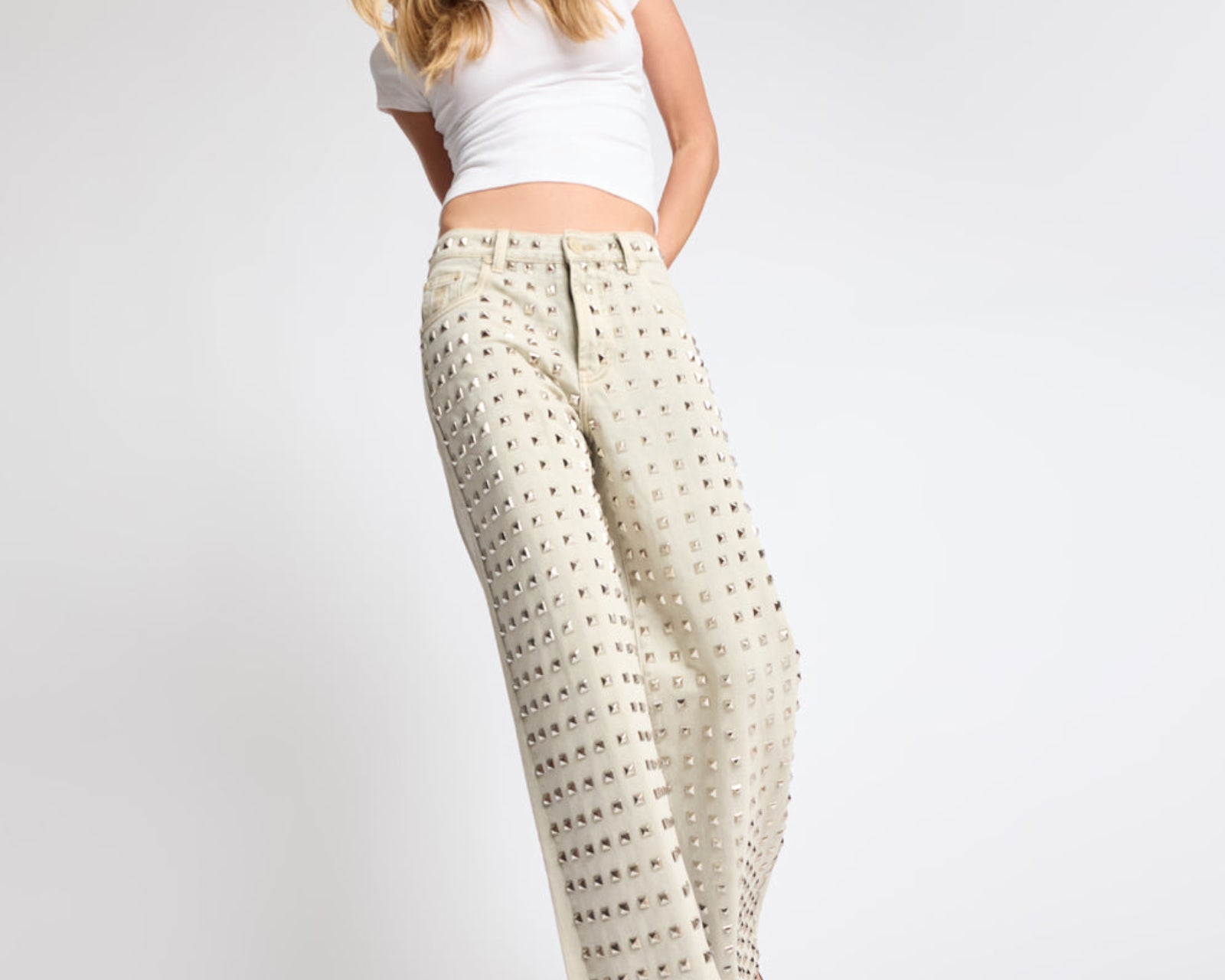 Jackson Mid Waist Wide Leg Studded Denim Jeans - Antique Khaki