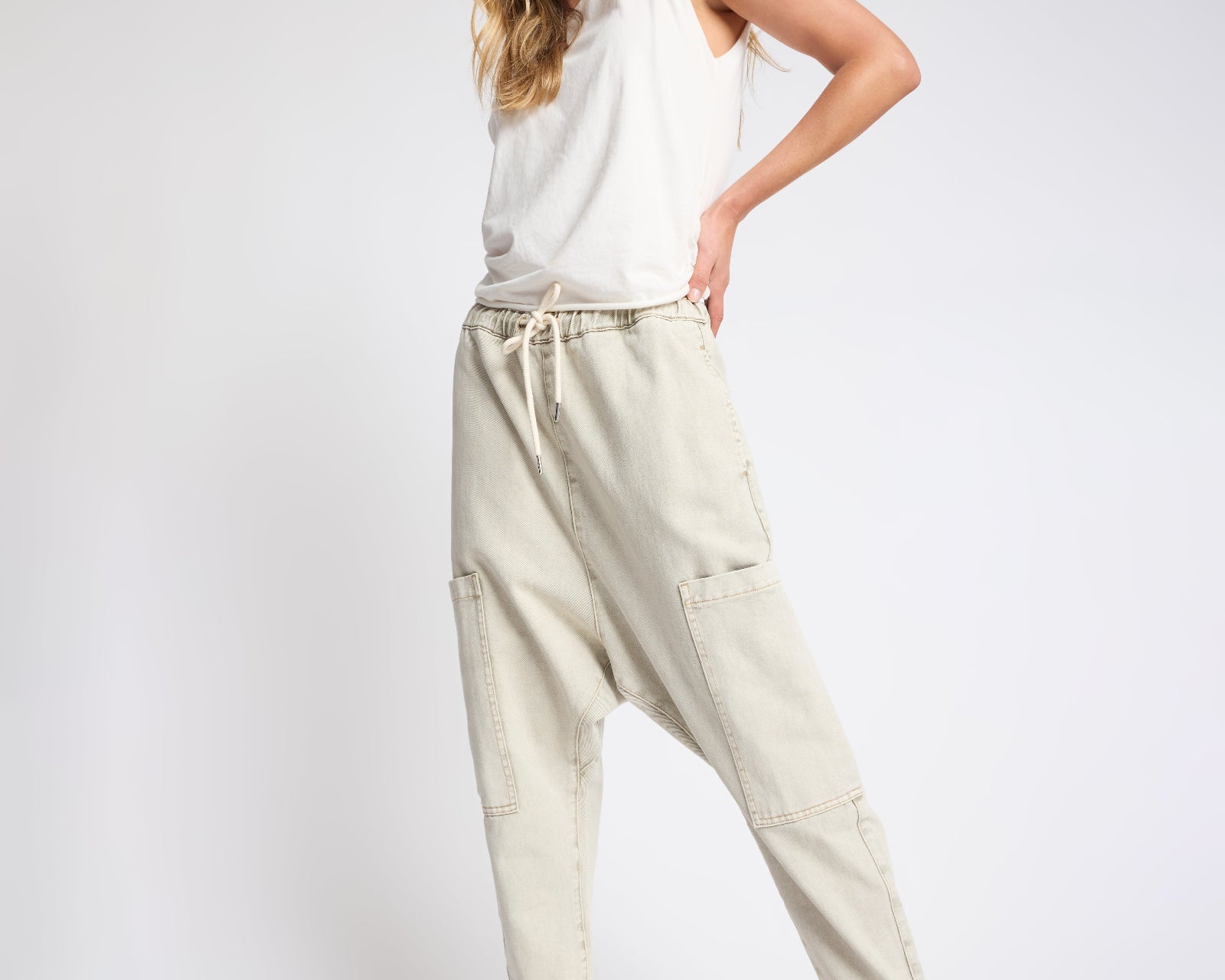 Isla Low Waist Drawstring Harem Denim Jeans - Antique Khaki