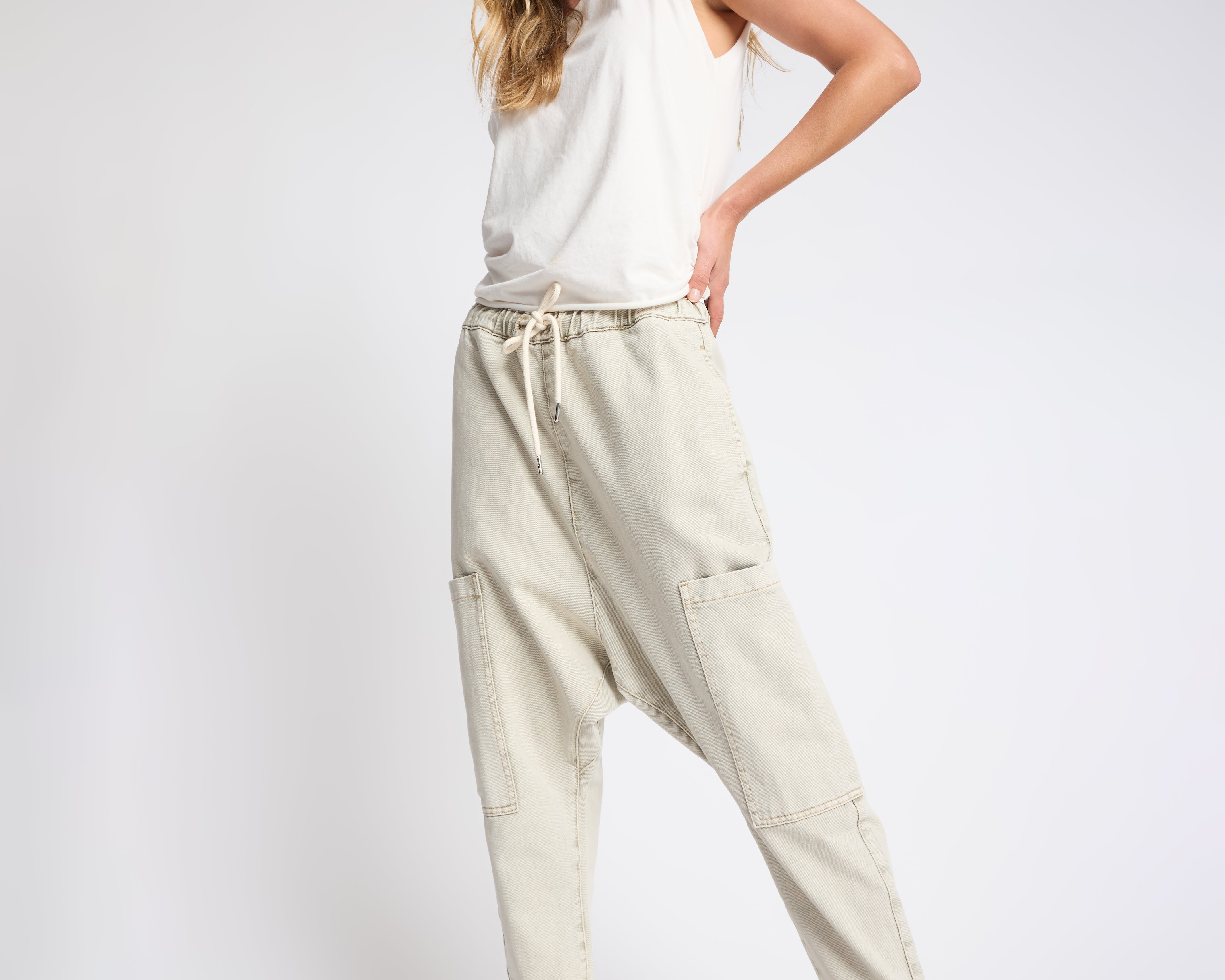 Isla Low Waist Drawstring Harem Denim Jeans - Antique Khaki