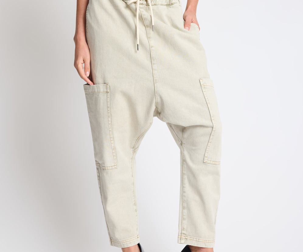 Isla Low Waist Drawstring Harem Denim Jeans - Antique Khaki
