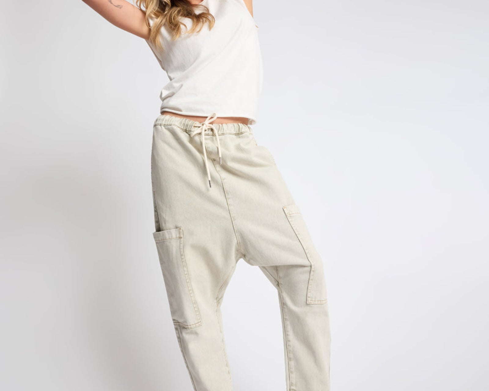 Isla Low Waist Drawstring Harem Denim Jeans - Antique Khaki