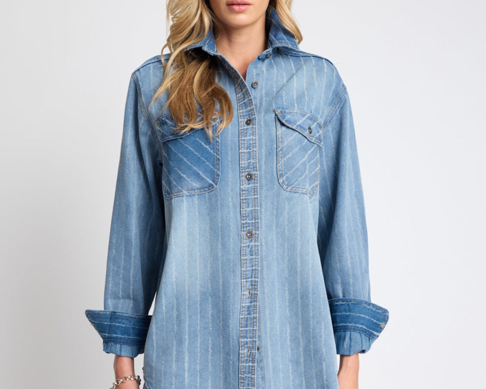 Distressed Everyday Denim Shirt -  Blue Stripe