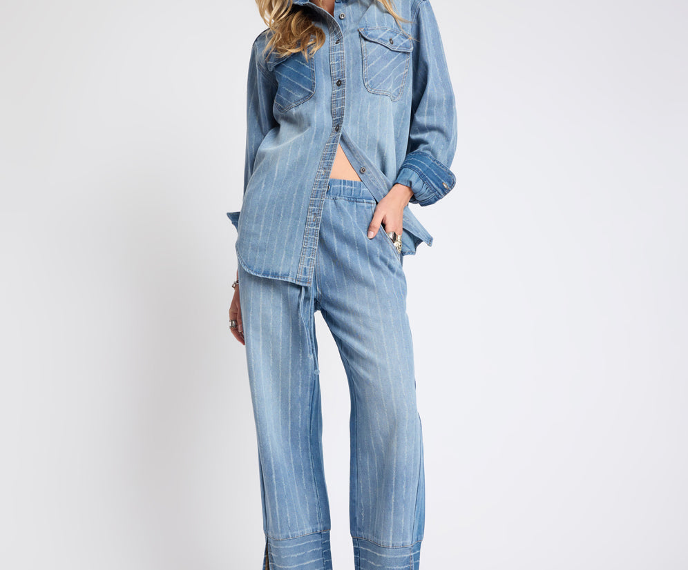 Roadhouse Mid Waist Wide Leg Drawstring Denim Jeans - Blue Stripe