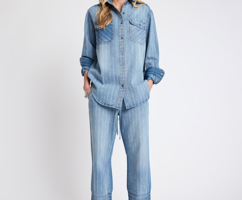 Roadhouse Mid Waist Wide Leg Drawstring Denim Jeans - Blue Stripe