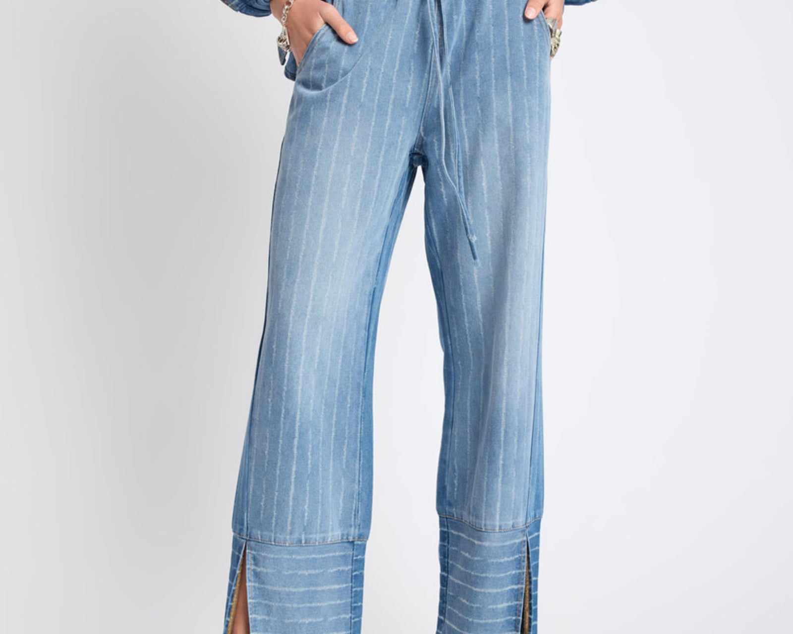 Roadhouse Mid Waist Wide Leg Drawstring Denim Jeans - Blue Stripe