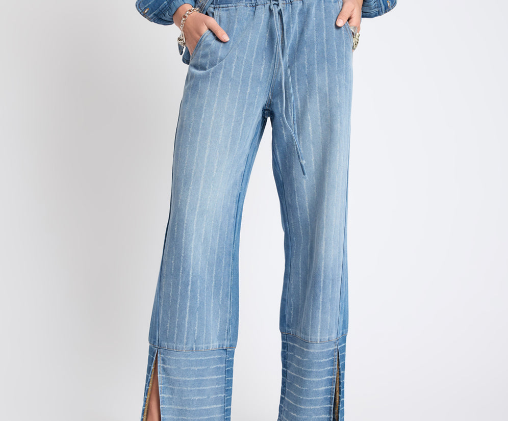 Roadhouse Mid Waist Wide Leg Drawstring Denim Jeans - Blue Stripe