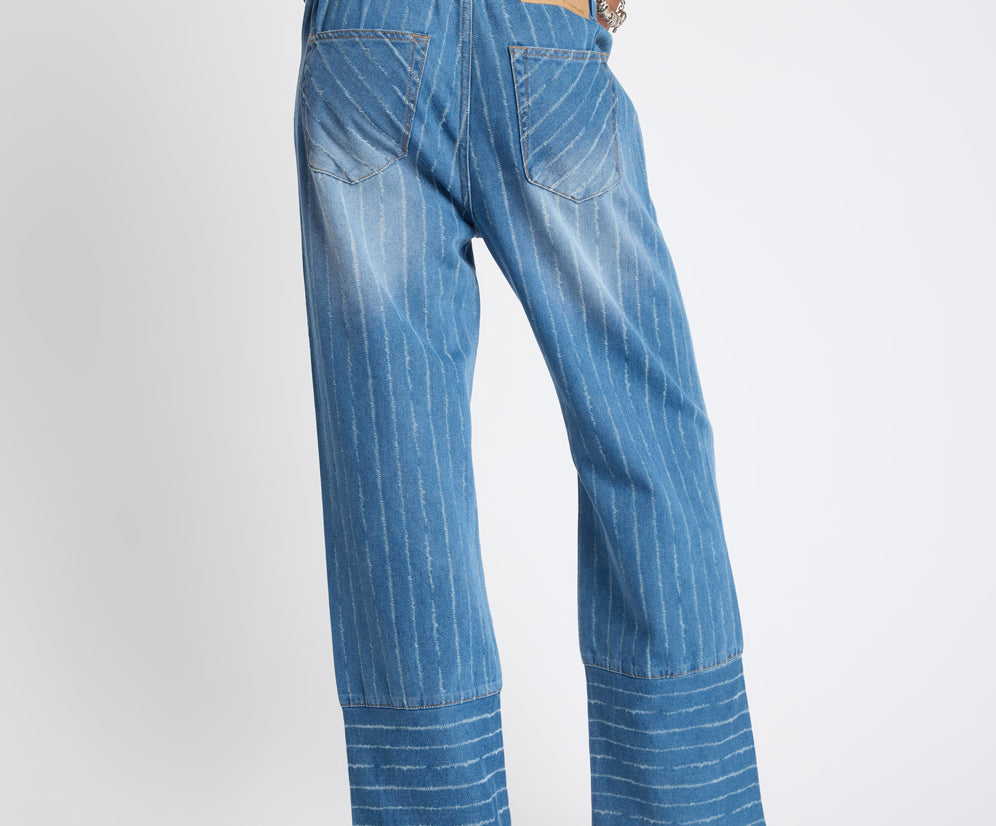 Roadhouse Mid Waist Wide Leg Drawstring Denim Jeans - Blue Stripe