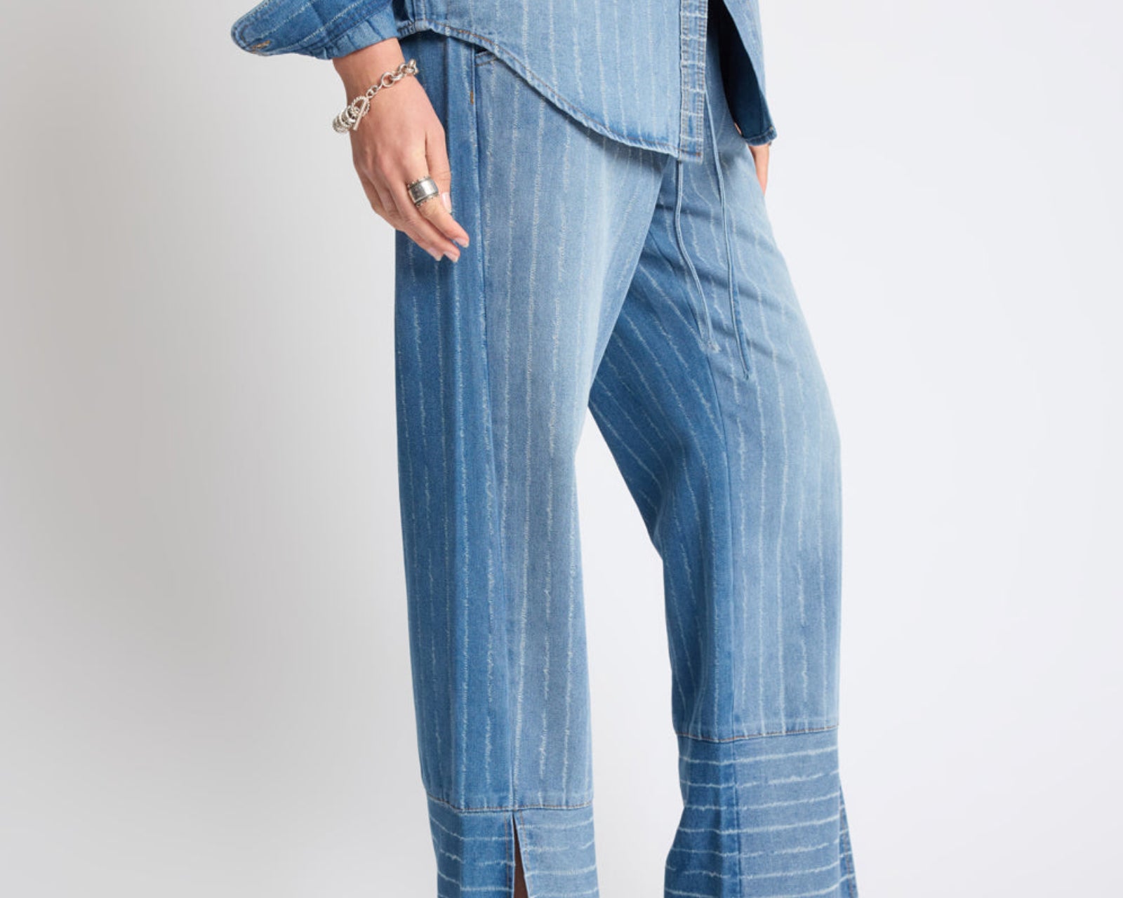 Roadhouse Mid Waist Wide Leg Drawstring Denim Jeans - Blue Stripe