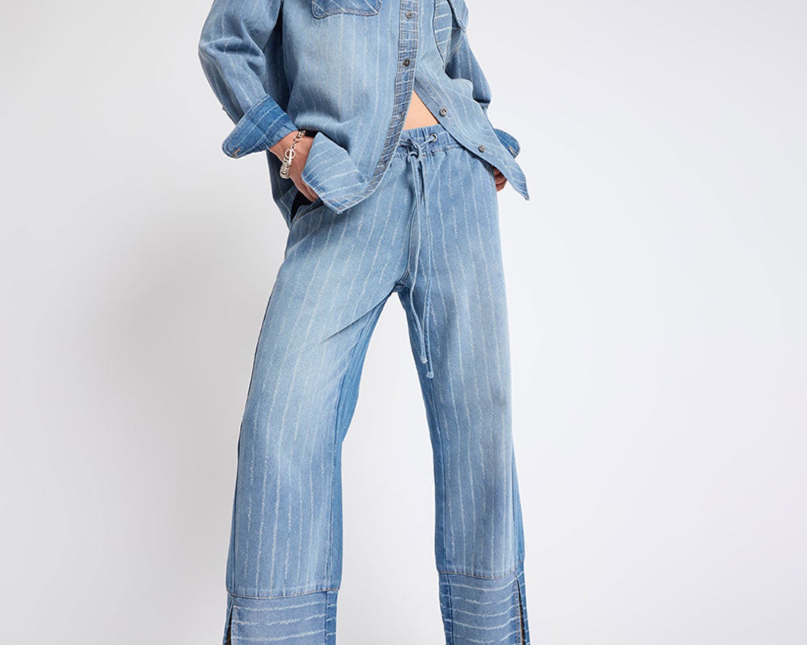 Roadhouse Mid Waist Wide Leg Drawstring Denim Jeans - Blue Stripe