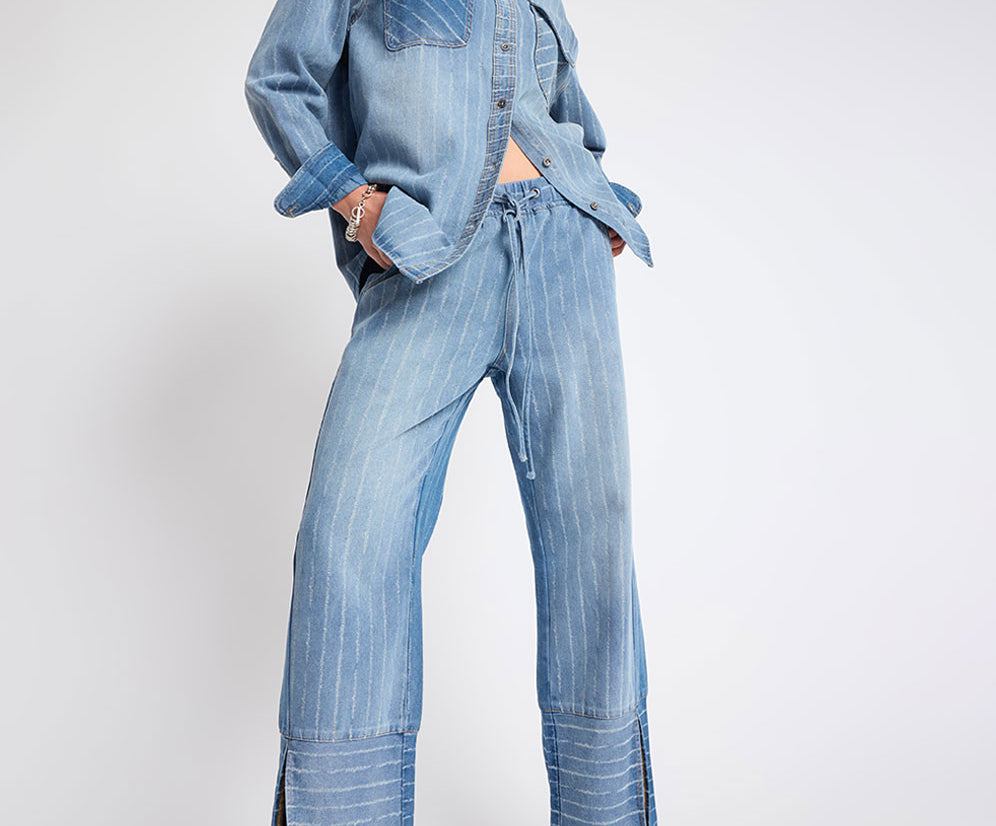 Roadhouse Mid Waist Wide Leg Drawstring Denim Jeans - Blue Stripe