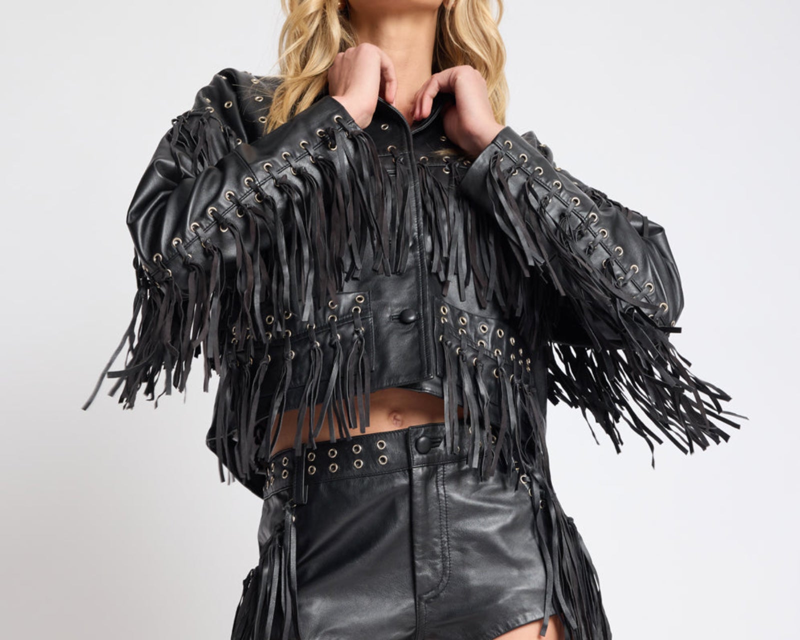 Rogue Rodeo Fringed Cropped Leather Jacket - Black