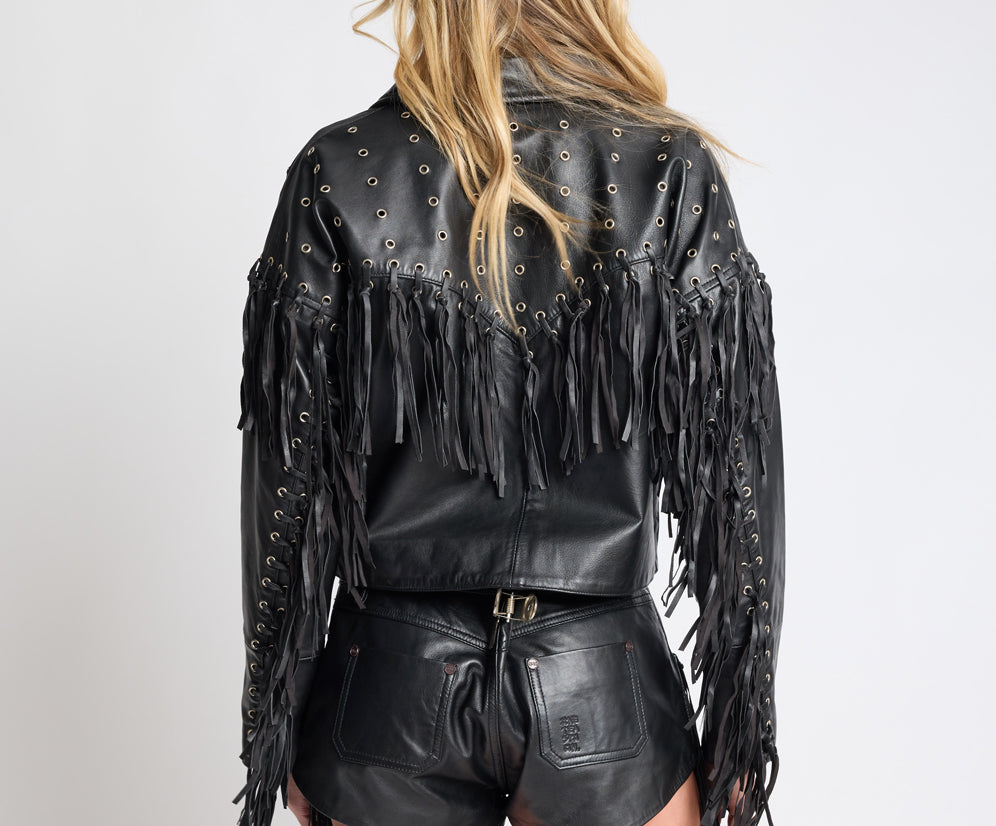 Rogue Rodeo Fringed Cropped Leather Jacket - Black