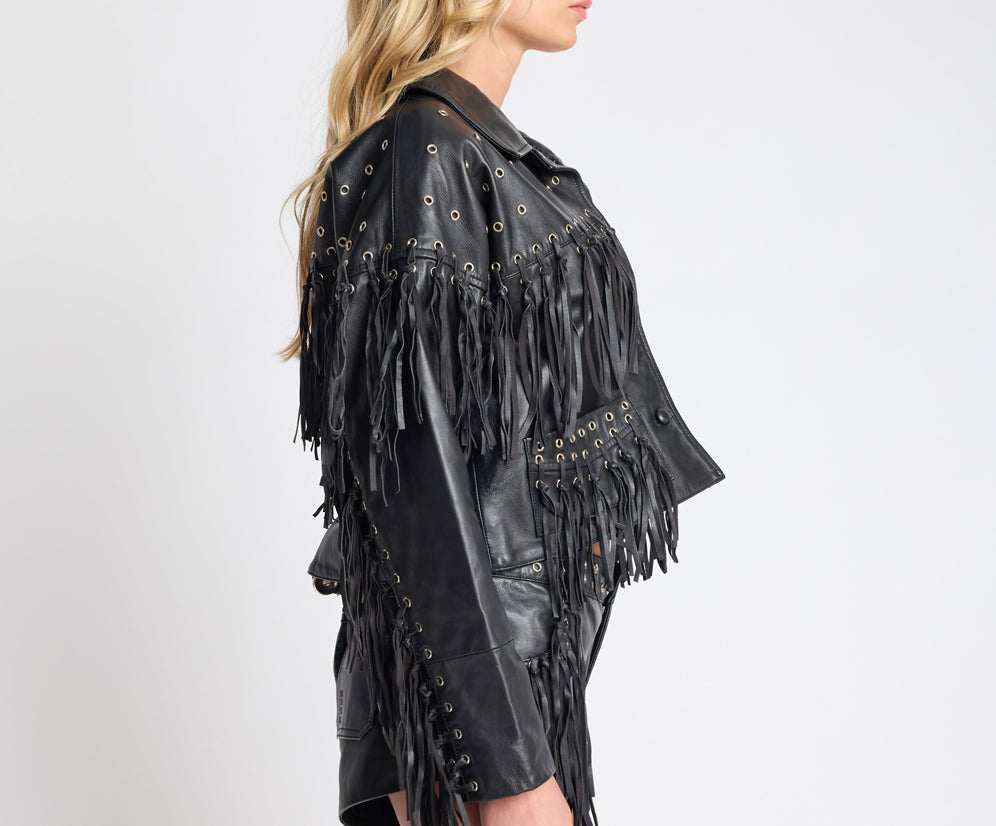 Rogue Rodeo Fringed Cropped Leather Jacket - Black