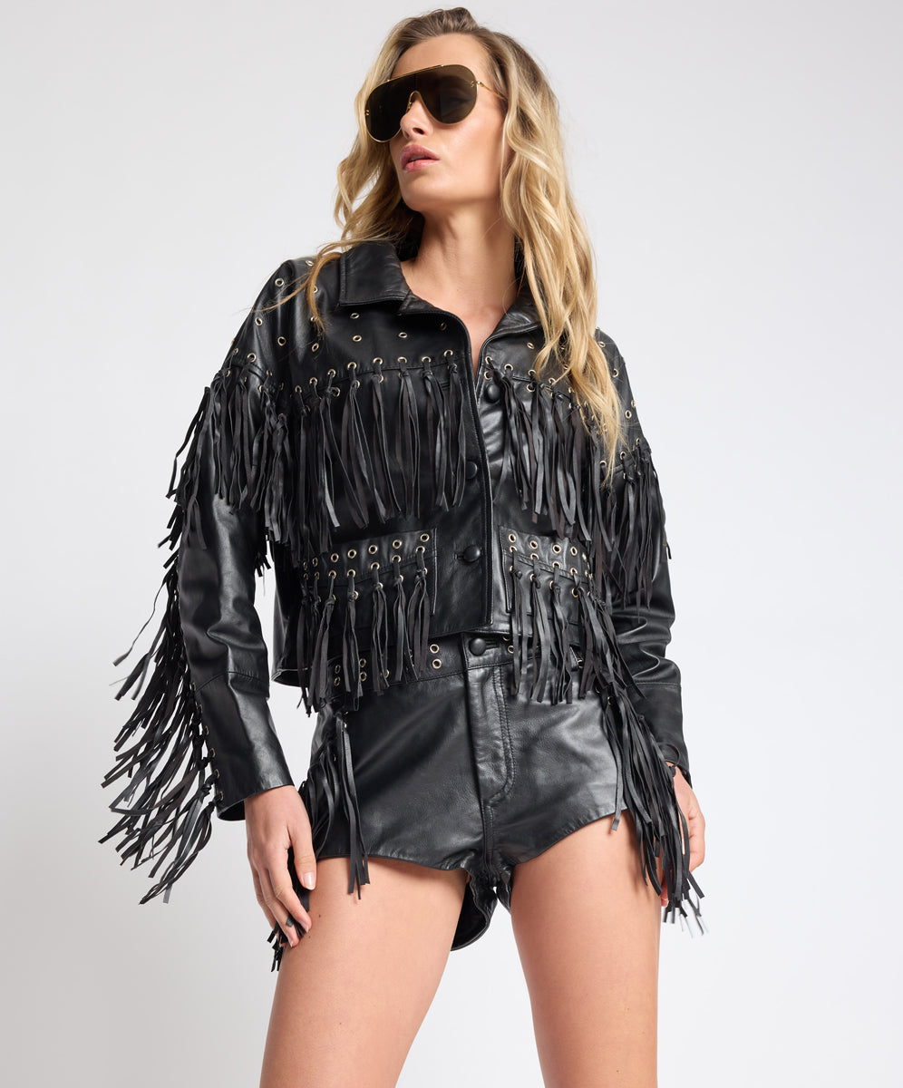 Rogue Rodeo Fringed Micro Leather Shorts - Black | One Teaspoon USA