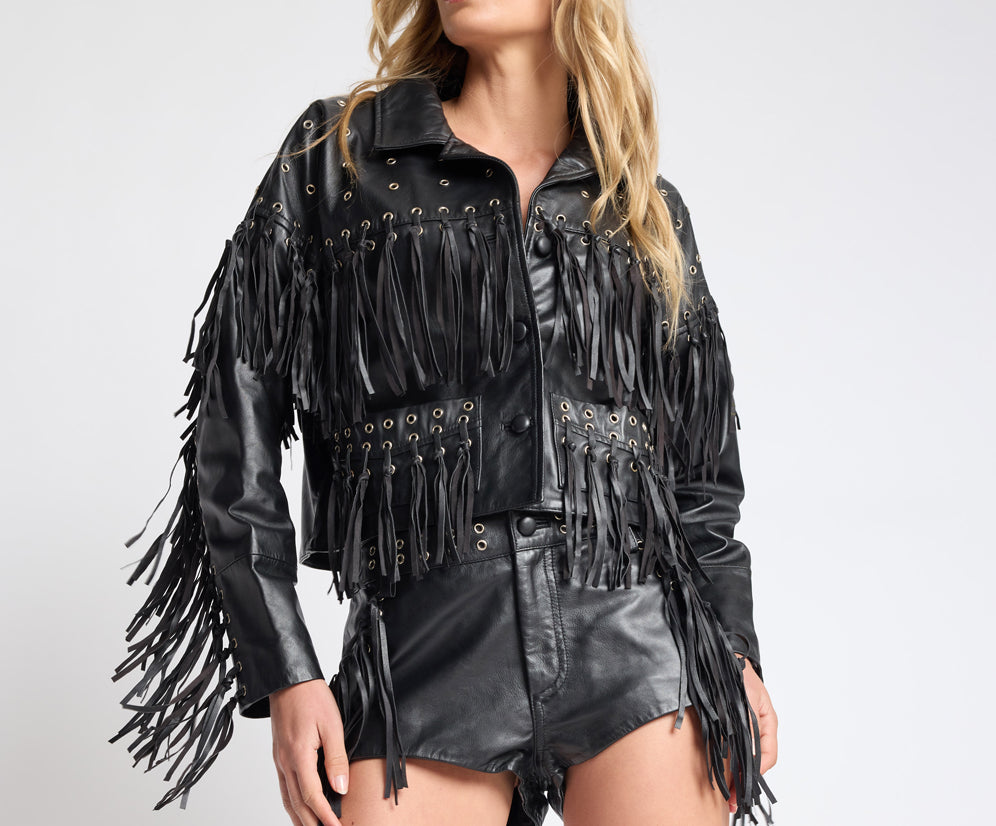Rogue Rodeo Fringed Micro Leather Shorts - Black