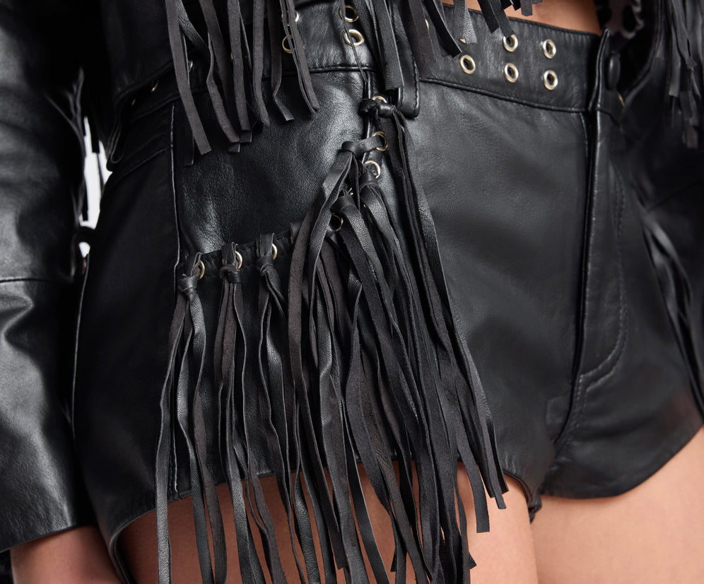 Rogue Rodeo Fringed Micro Leather Shorts - Black