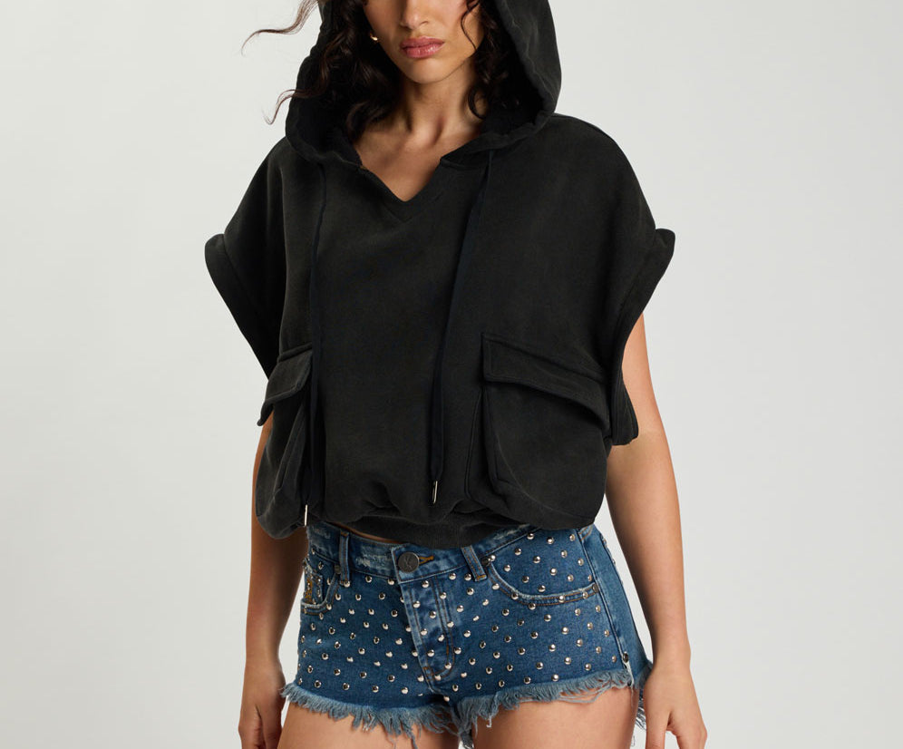 Puff Power Cropped Zip-Off Sleeve Hoodie  - Vintage Black