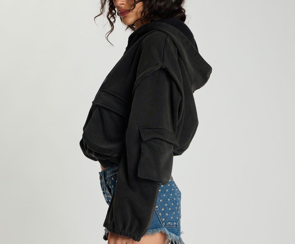 Puff Power Cropped Zip-Off Sleeve Hoodie  - Vintage Black