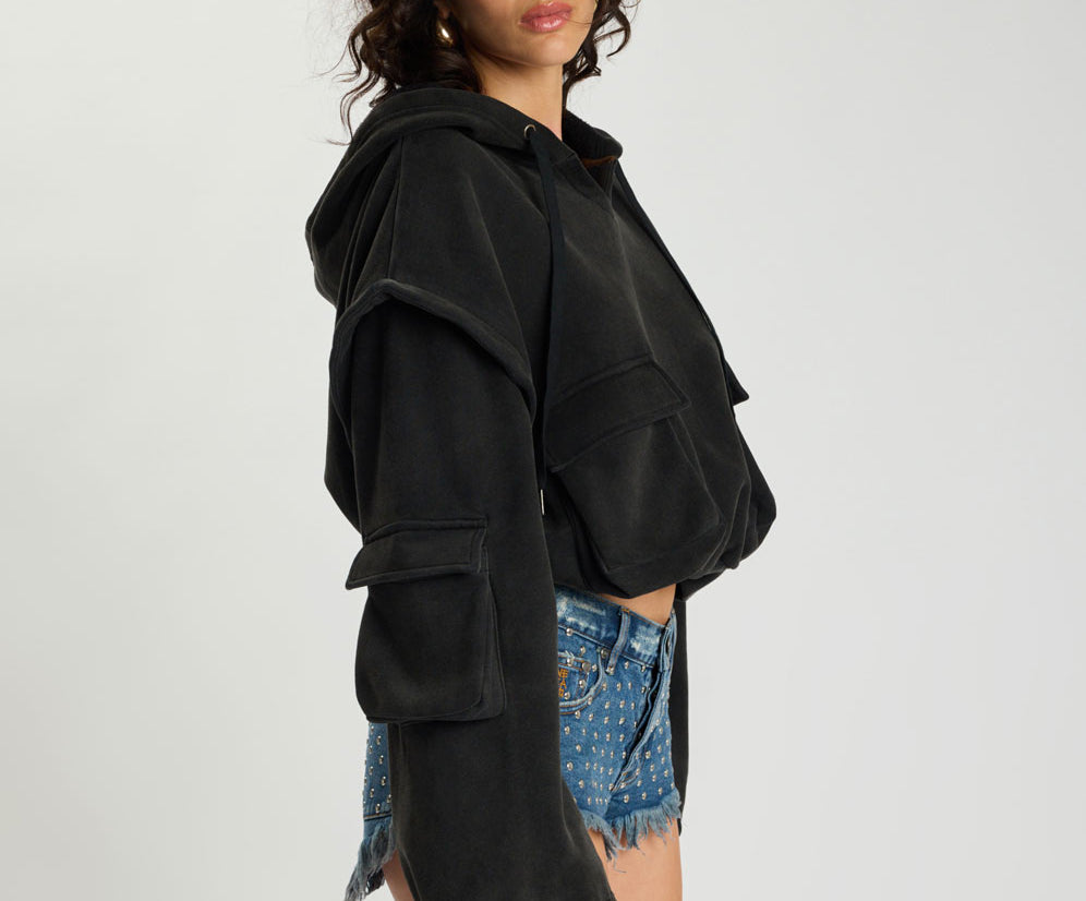 Puff Power Cropped Zip-Off Sleeve Hoodie  - Vintage Black