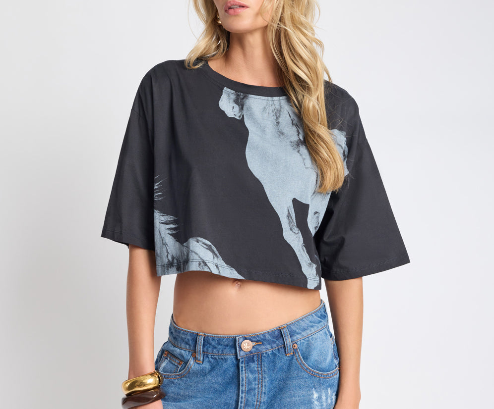 Wild Horses Crop Tee - Washed Black