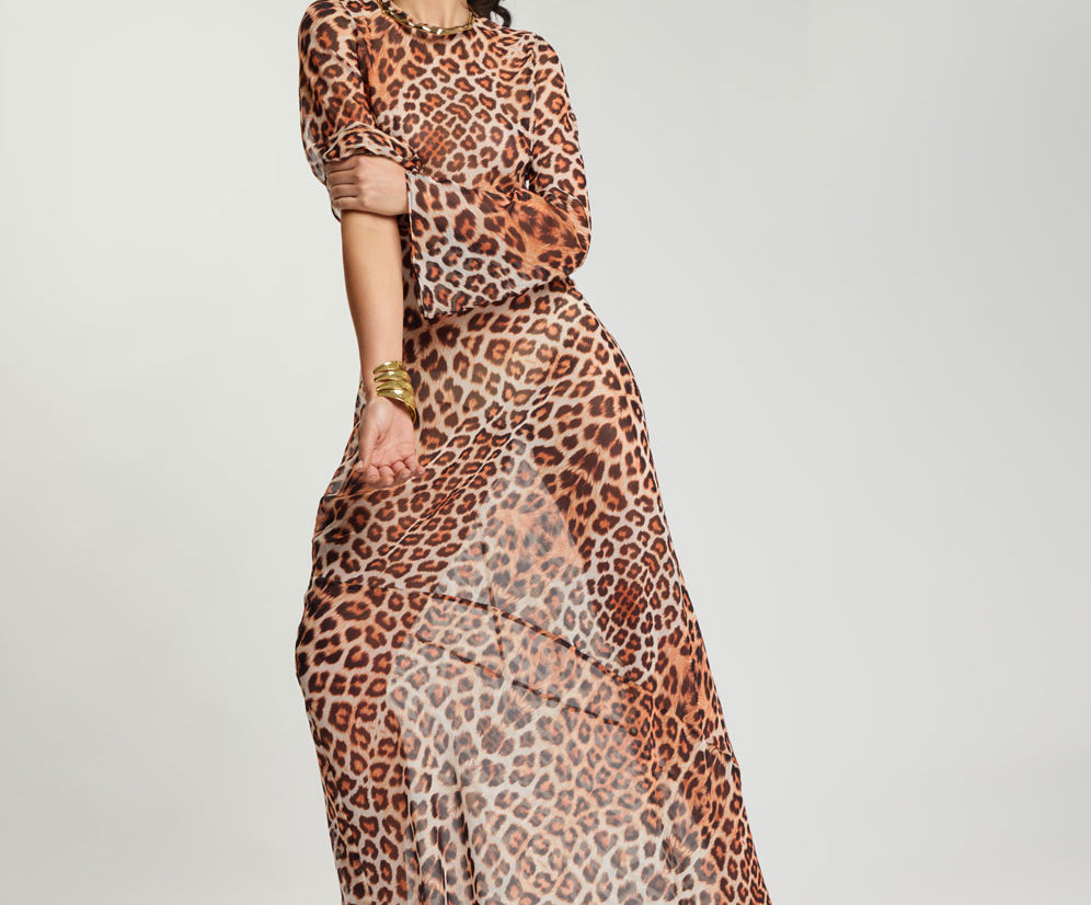 Ziggy Longsleeve Sheer Slip Maxi Dress - Leopard Print