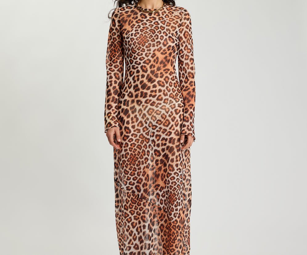 Ziggy Longsleeve Sheer Slip Maxi Dress - Leopard Print