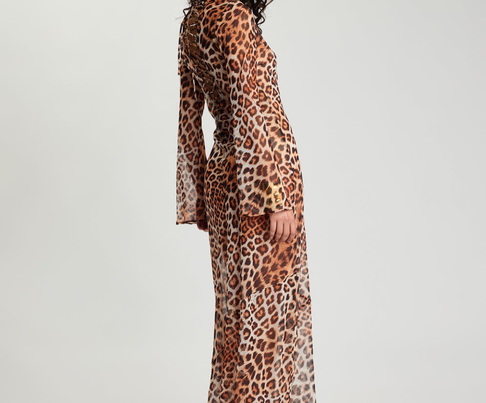 Ziggy Longsleeve Sheer Slip Maxi Dress - Leopard Print