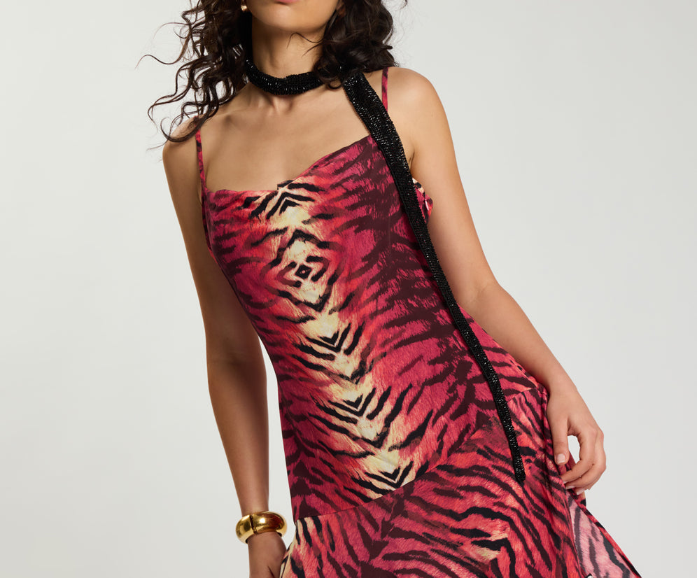 Wild Rouge Mini Asymmetrical Slip Dress - Red Animal Print