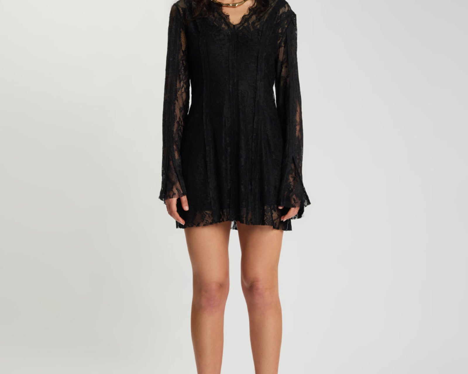 Vintage Whisper Lace Longsleeve Mini Dress - Black