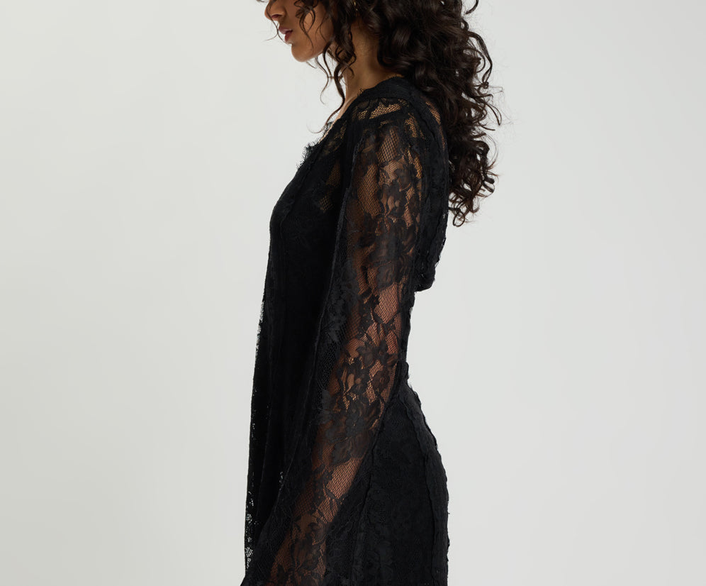 Vintage Whisper Lace Longsleeve Mini Dress - Black