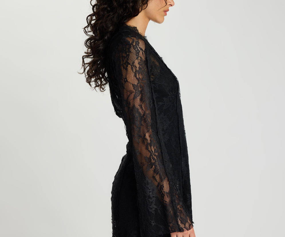 Vintage Whisper Lace Longsleeve Mini Dress - Black