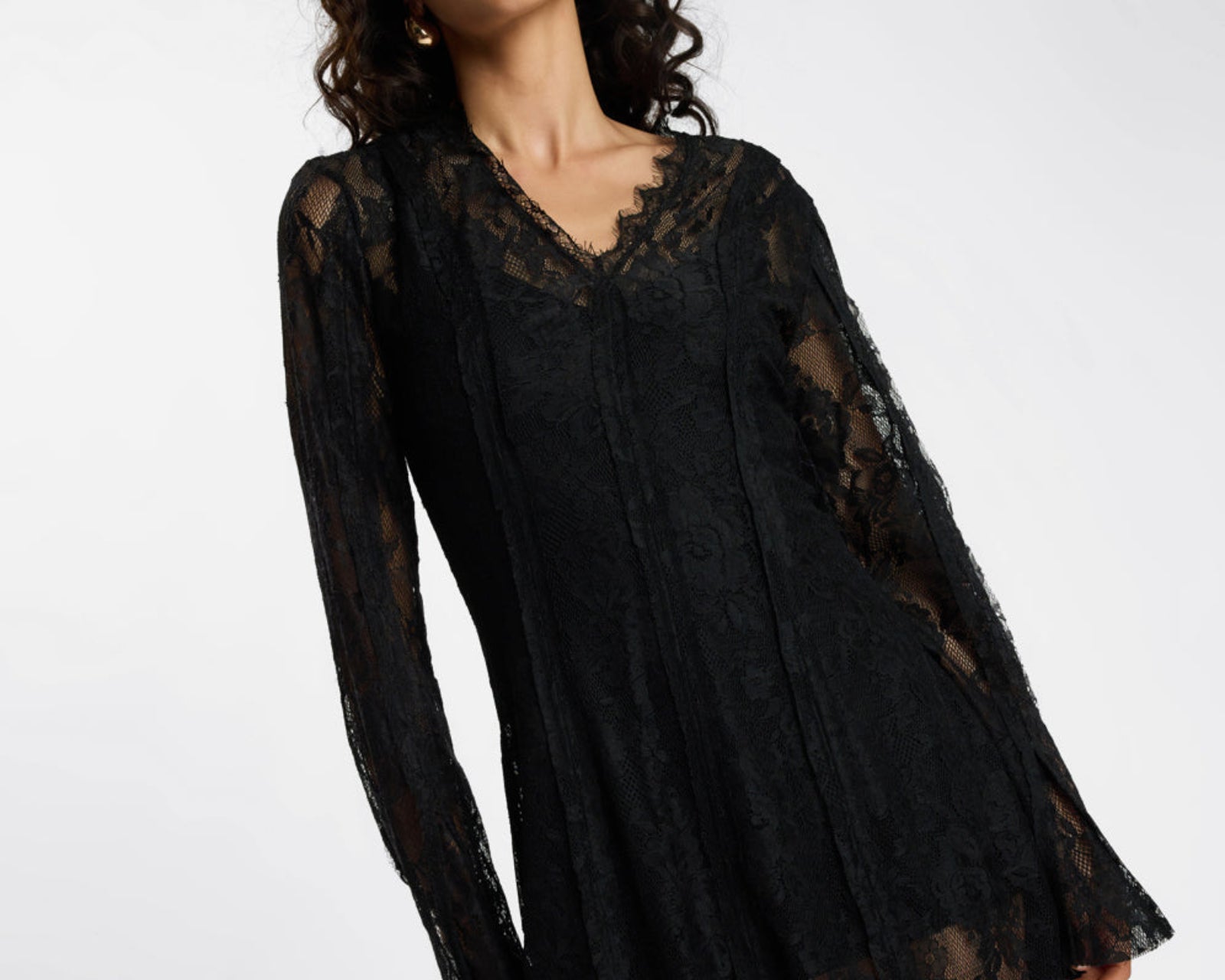 Vintage Whisper Lace Longsleeve Mini Dress - Black