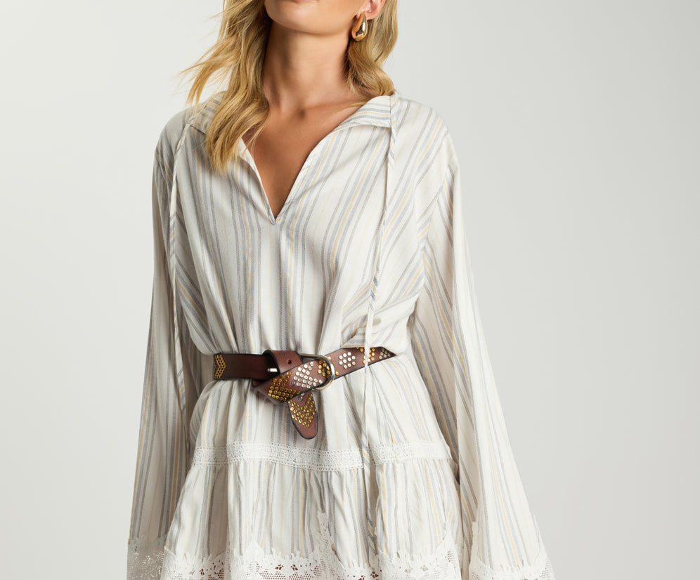 Moonlight Prairie Lace Longsleeve Mini Dress - White Stripe