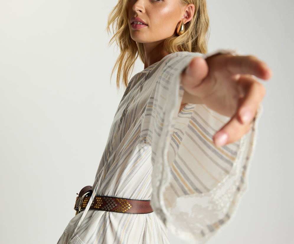 Moonlight Prairie Lace Longsleeve Mini Dress - White Stripe