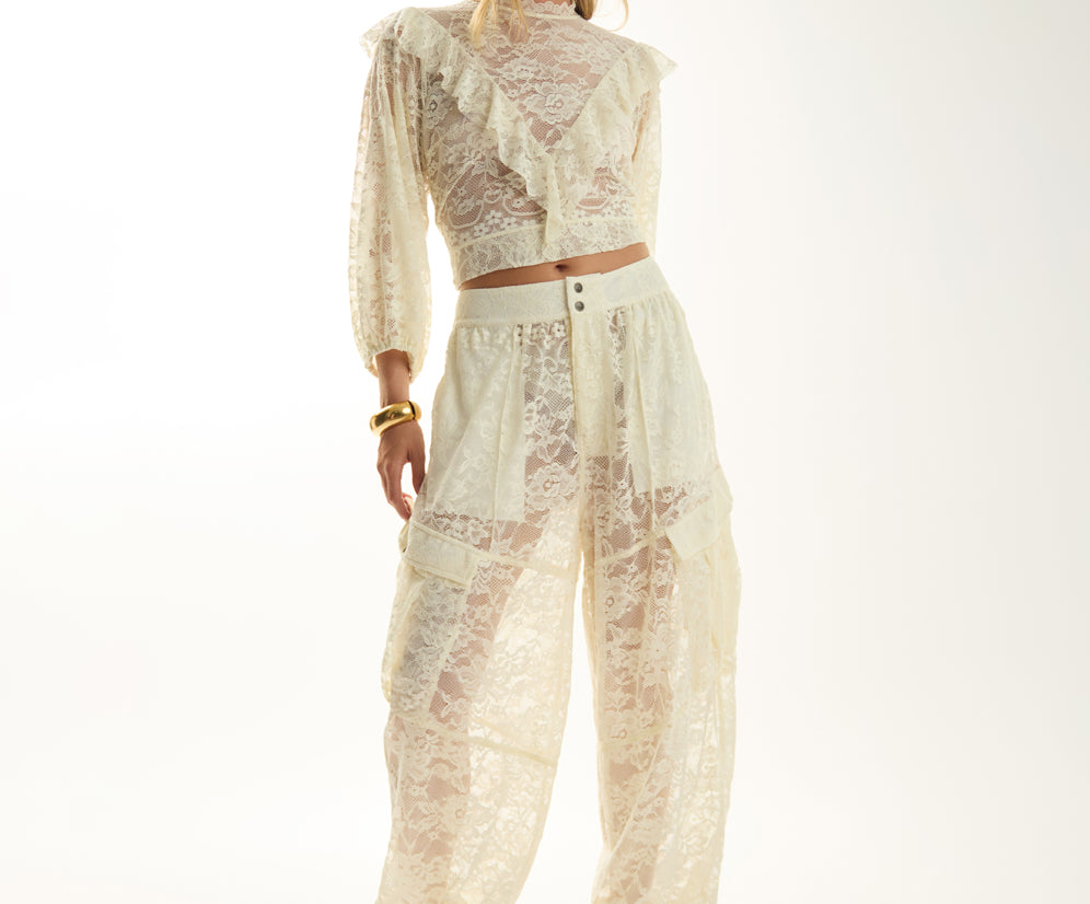 Savage Romance Utility Lace Pants - Vintage White
