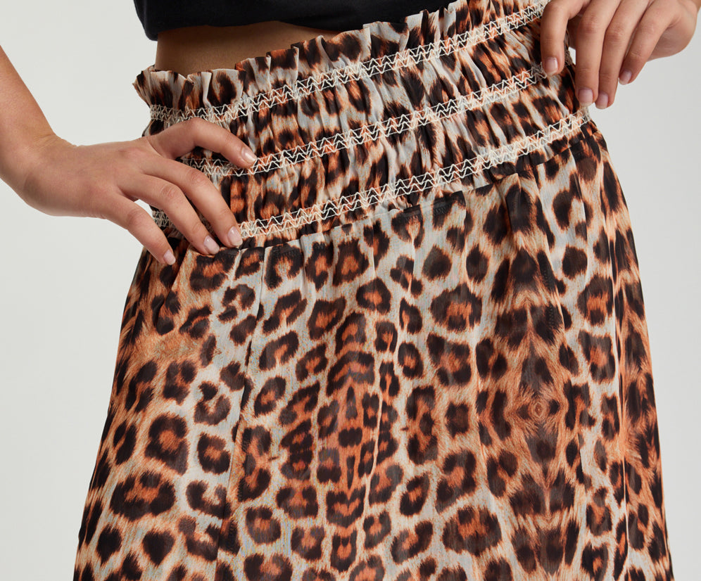 Sheer Shirred Elasticated Maxi Skirt - Leopard Print