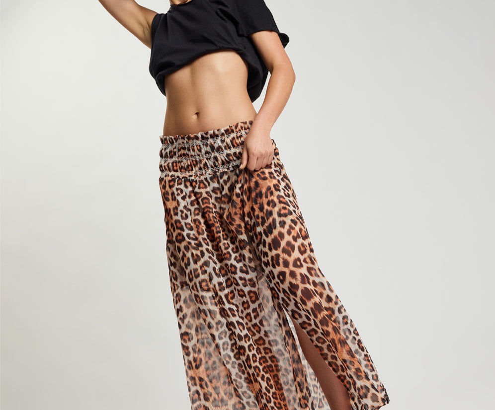 Sheer Shirred Elasticated Maxi Skirt - Leopard Print