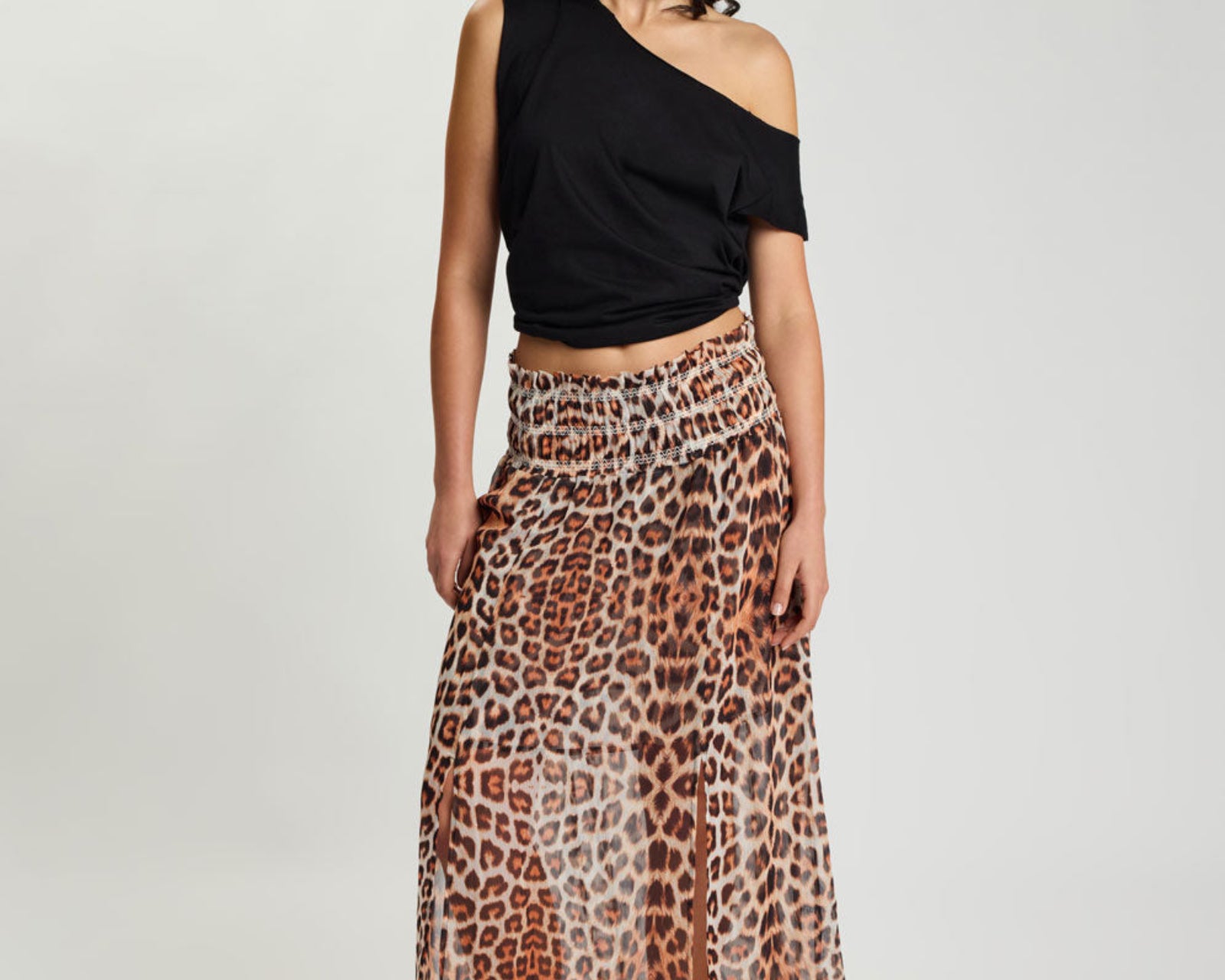 Sheer Shirred Elasticated Maxi Skirt - Leopard Print