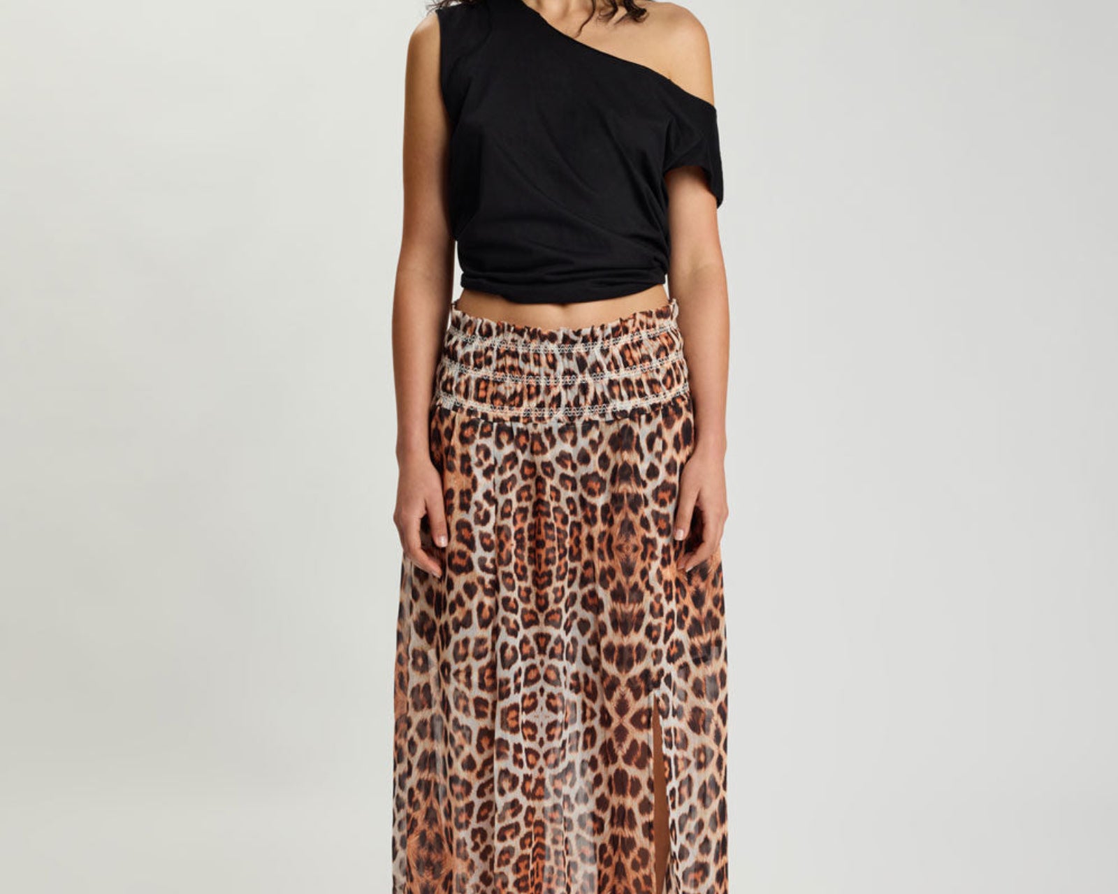 Sheer Shirred Elasticated Maxi Skirt - Leopard Print