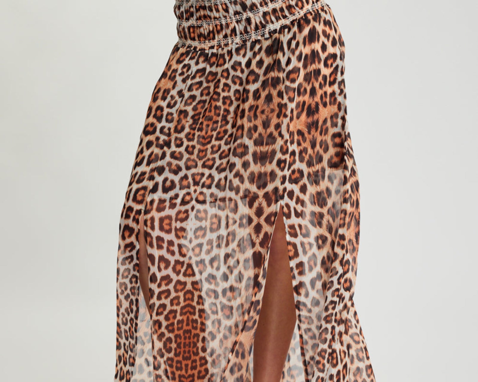 Sheer Shirred Elasticated Maxi Skirt - Leopard Print