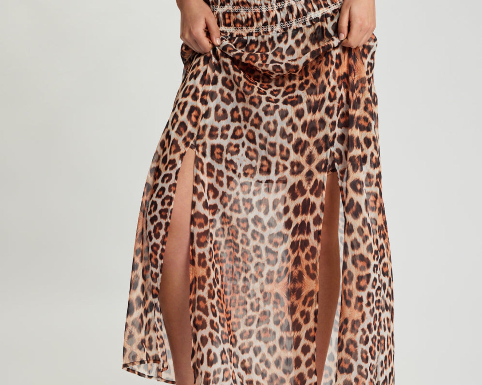 Sheer Shirred Elasticated Maxi Skirt - Leopard Print
