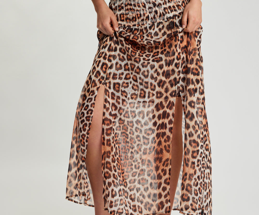 Sheer Shirred Elasticated Maxi Skirt - Leopard Print