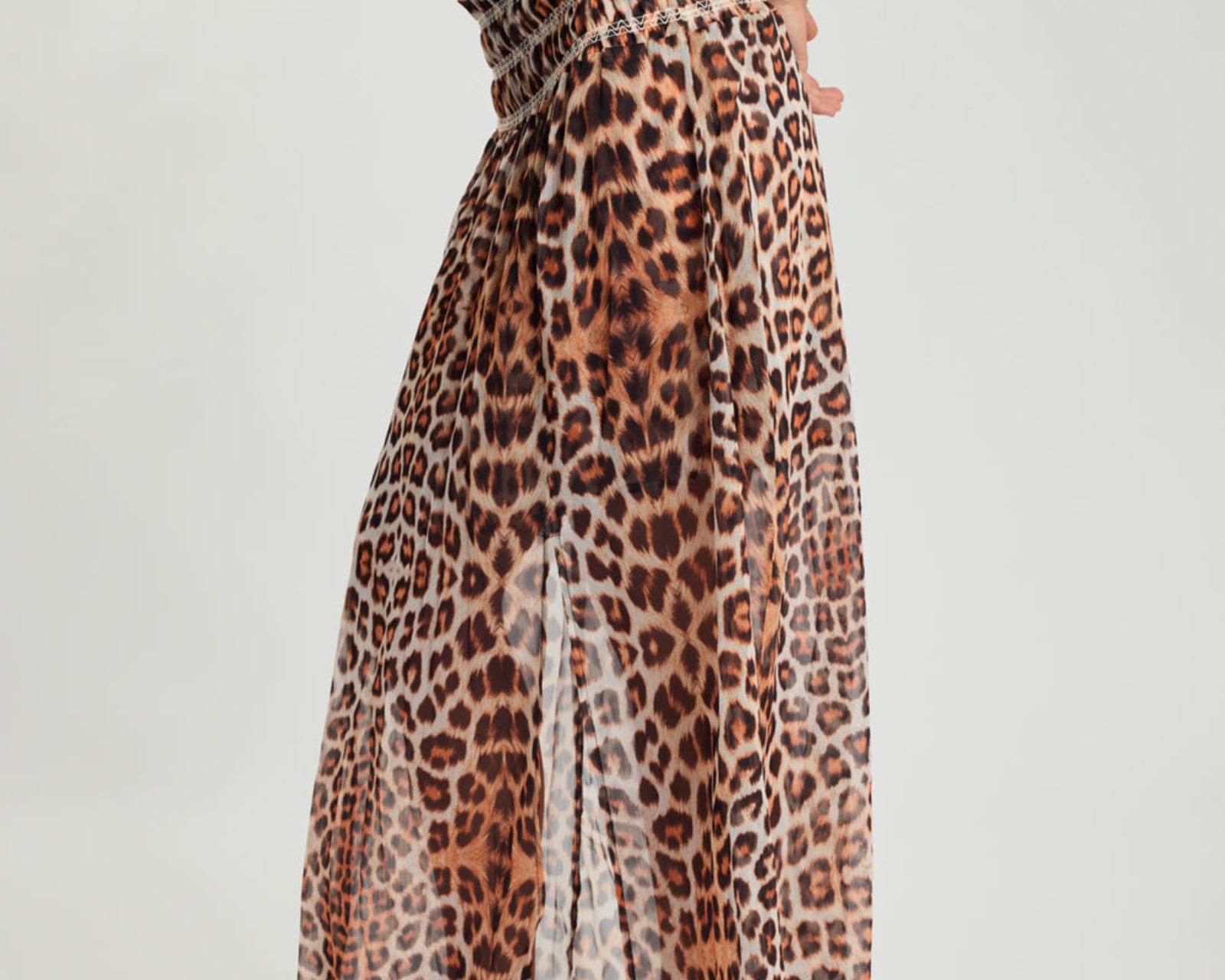 Sheer Shirred Elasticated Maxi Skirt - Leopard Print