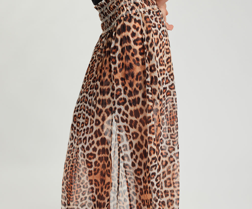 Sheer Shirred Elasticated Maxi Skirt - Leopard Print